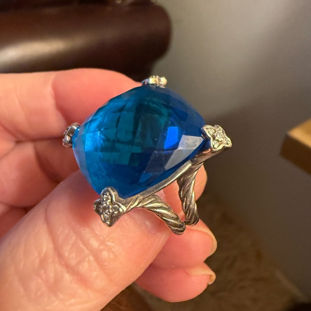 David Yurman 20 MM Blue Topaz & Diamond Cushion On Point Ring - Picture 4 of 7